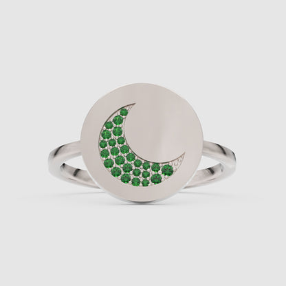 Emerald Crescent Moon Disc Ring - Six