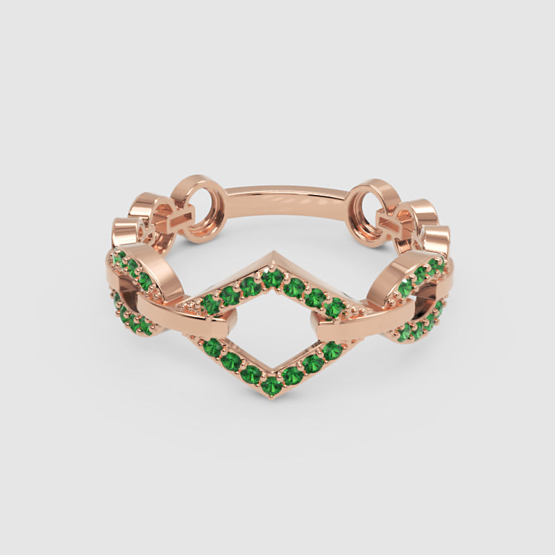 Luxury Emerald Chevron Ring | Yellow Gold Double V Chain Link Bold Design | Jebij - Six