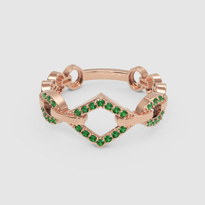 Luxury Emerald Chevron Ring | Yellow Gold Double V Chain Link Bold Design | Jebij - Six