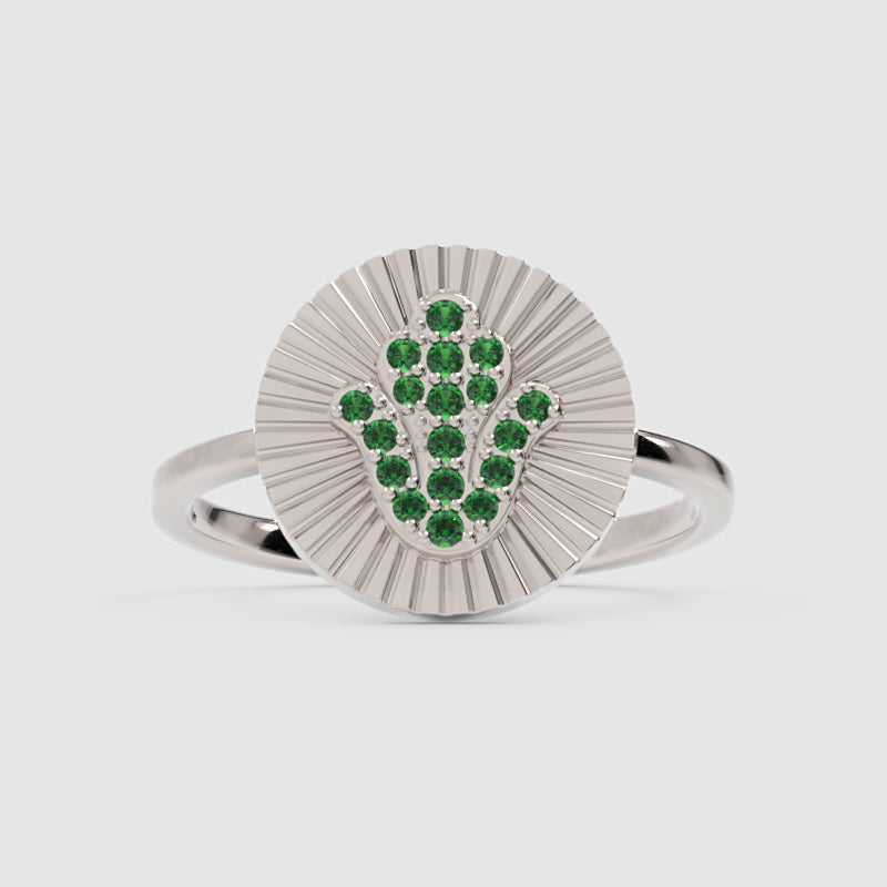 Hamsa Hand Emerald Disc Ring With Sunburst Texture - Six