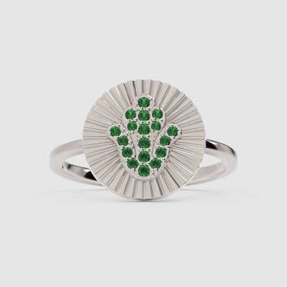 Hamsa Hand Emerald Disc Ring With Sunburst Texture - Six