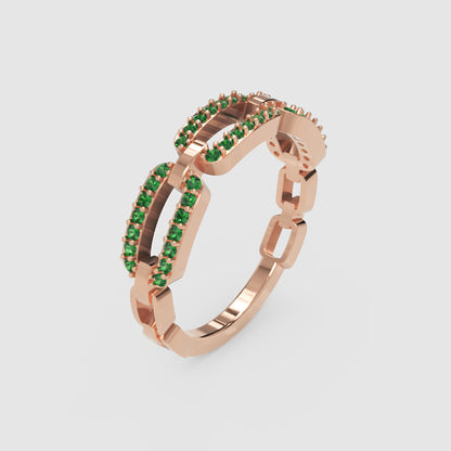 Lab-Grown Emerald Interlocking Link Ring In Yellow Gold | Double Pave Luxury Chain Design Statement Ring For Women | Jebij - Seven