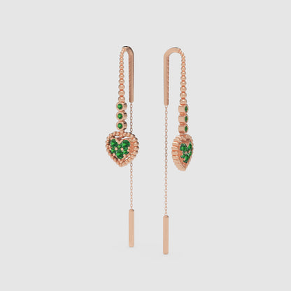 Emerald Heart Threader Earrings With Bar Drop Chain Detail - Seven