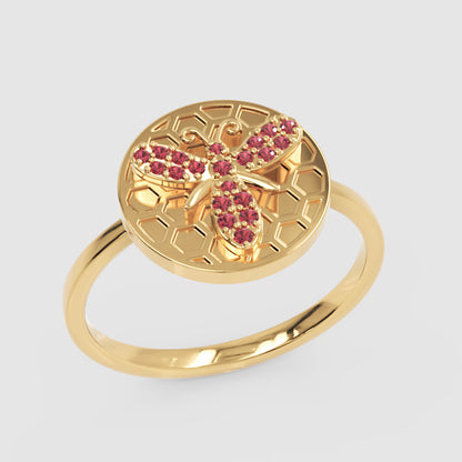 Honeycomb Bee Ring With Pink Gemstones Rose Tone - Seven