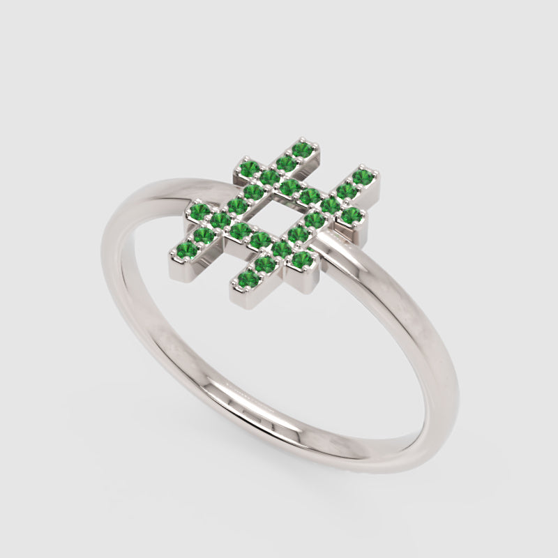 Green Emerald Hashtag Symbol Ring With Pav Stones - Six