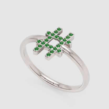 Green Emerald Hashtag Symbol Ring With Pav Stones - Six