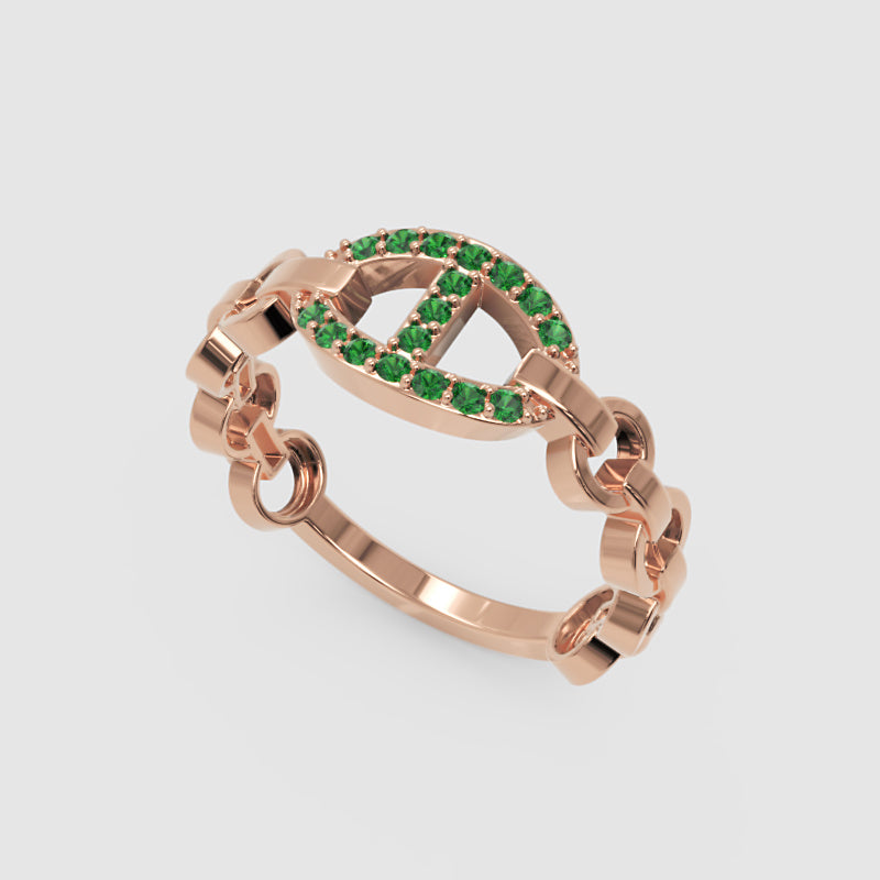 Emerald Oval Ring (Lab-Grown) | Yellow Gold Chain Link Vertical Bar Design | Jebij - Seven
