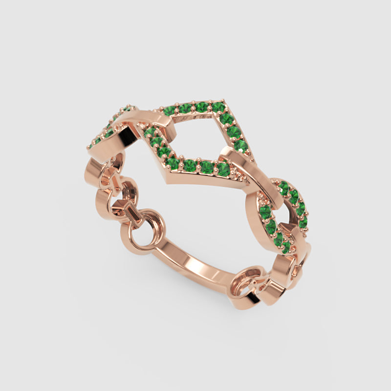 Luxury Emerald Chevron Ring | Yellow Gold Double V Chain Link Bold Design | Jebij - Seven