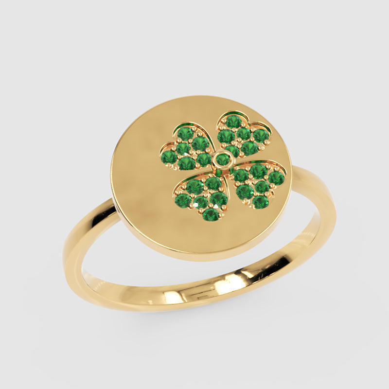 Four Leaf Clover Disc Ring With Green Stones - Seven