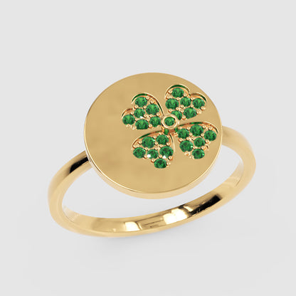 Four Leaf Clover Disc Ring With Green Stones - Seven