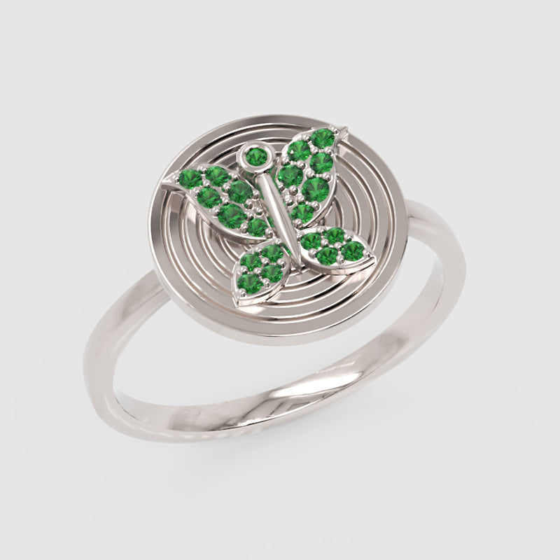 Emerald Initial T Signet Ring With Concentric Circle Design - Seven