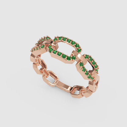 Emerald Chain Link Ring In Yellow Gold | Double Pave Interlocking Statement Luxury Ring For Women | Jebij - Seven