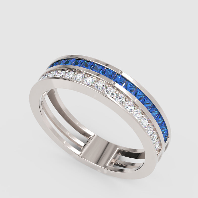 Blue Sapphire and Diamond Channel Set Double Band Ring