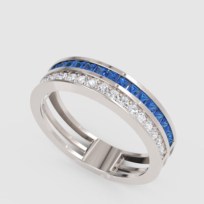 Blue Sapphire and Diamond Channel Set Double Band Ring