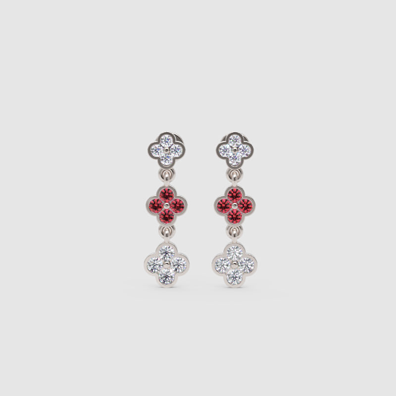 White Gold Diamond And Gemstone Clover Drop Earrings - Three