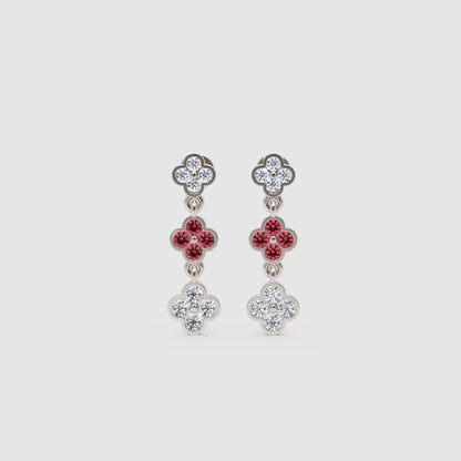 White Gold Diamond And Gemstone Clover Drop Earrings - Three