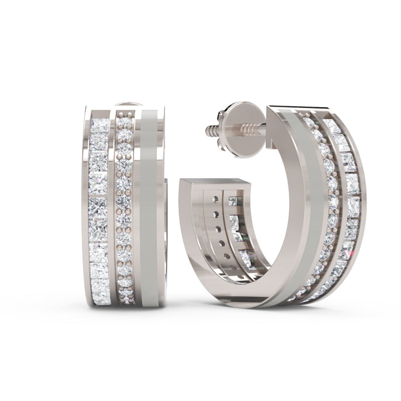 Wide Channel Set Diamond Hoop Earrings With Double Row Design - One