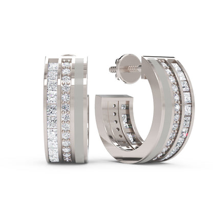 Wide Channel Set Diamond Hoop Earrings With Double Row Design - One