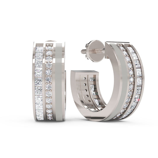 Wide Channel Set Diamond Hoop Earrings With Double Row Design - One