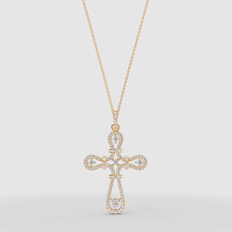 Ornate Filigree Cross Pendant Necklace With Cubic Zirconia Stones - Two