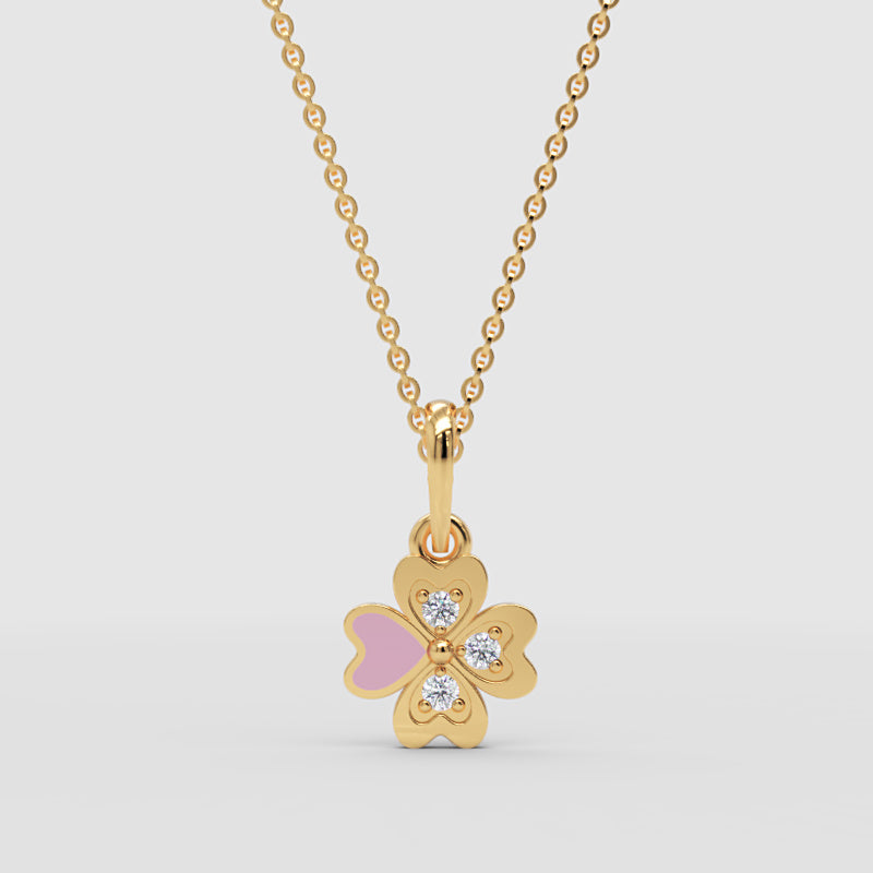 Pink Enamel Four Leaf Clover Pendant Necklace With Crystal Accents - Three