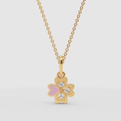 Pink Enamel Four Leaf Clover Pendant Necklace With Crystal Accents - Three