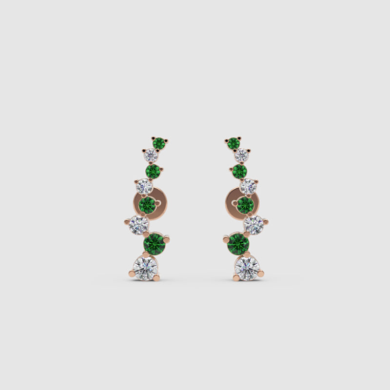 Rose Gold Emerald And Diamond Curved Climber Earrings - Three