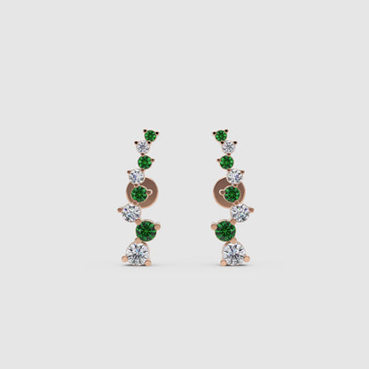 Rose Gold Emerald And Diamond Curved Climber Earrings - Three