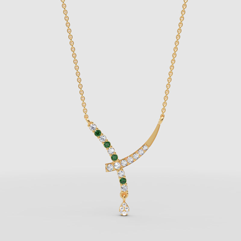 Natural Diamond Curved Bar Necklace With Green Gemstone Drop Pendant - Seven