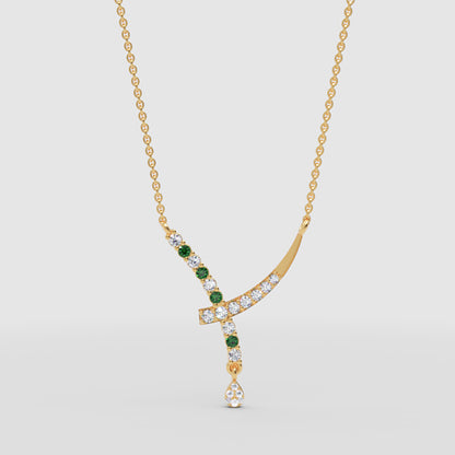 Natural Diamond Curved Bar Necklace With Green Gemstone Drop Pendant - Seven
