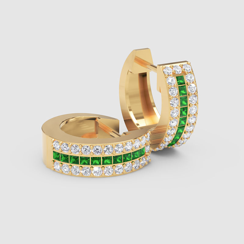 Gemstone And Diamond Three Row Huggie Hoop Earrings In Yellow Gold - Three