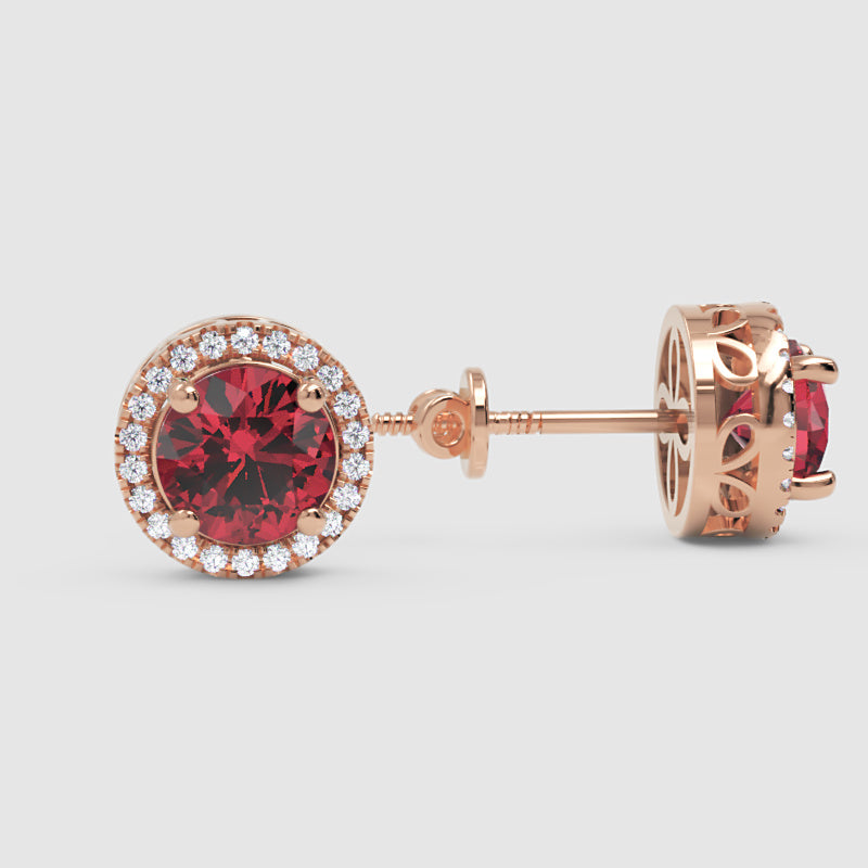 Ruby Red Round Halo Stud Earrings With Screw Back - Five