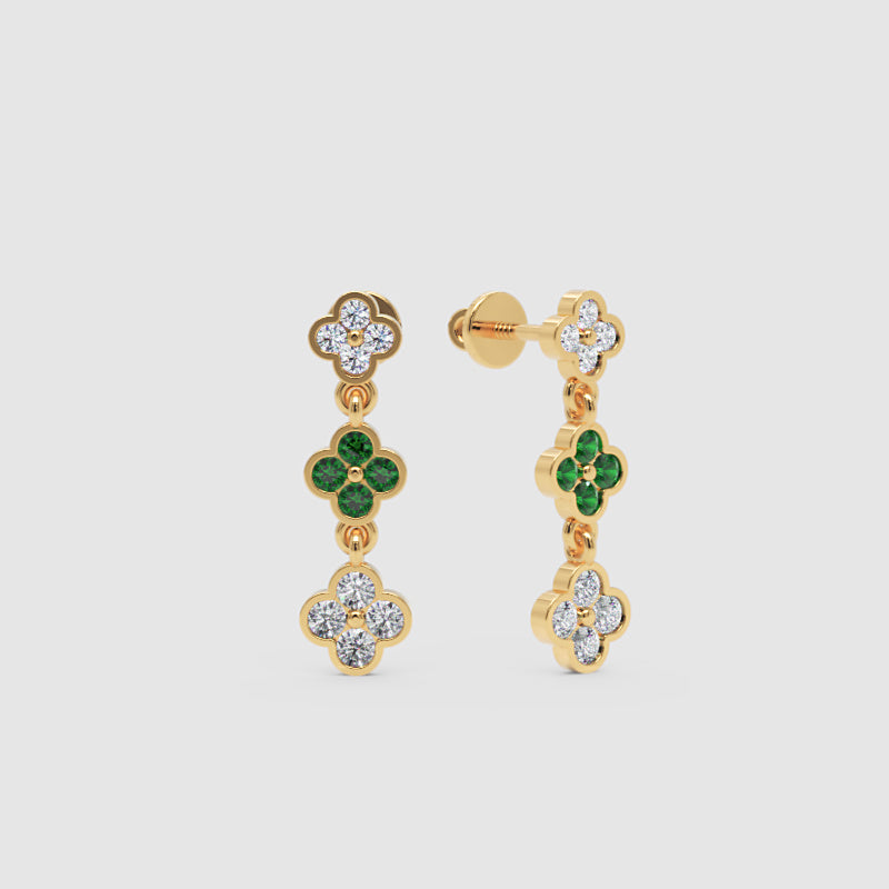 Gold Clover Drop Earrings With Green Gem Stone And White Diamonds - Three