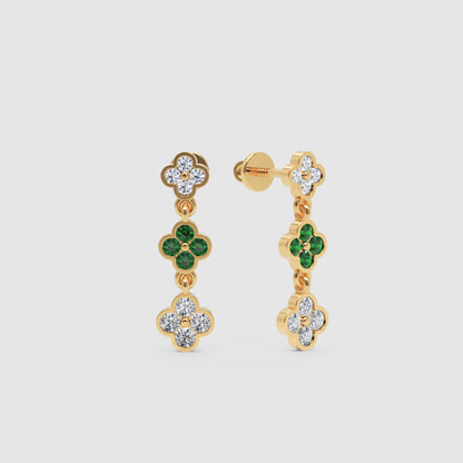 Gold Clover Drop Earrings With Green Gem Stone And White Diamonds - Three