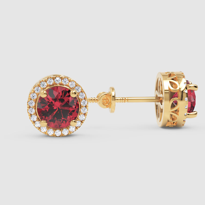 Ruby Red Round Halo Stud Earrings With Screw Back - Eight