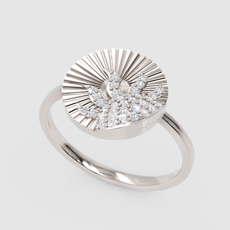 Diamond Sunburst Wave Ring With Textured Disc Design - Five