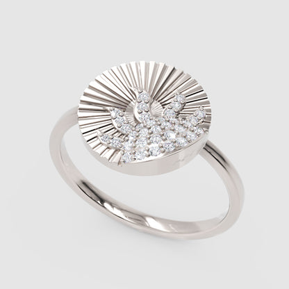 Diamond Sunburst Wave Ring With Textured Disc Design - Five