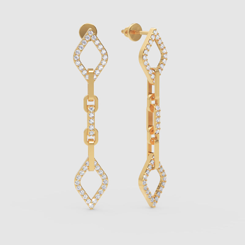 Diamond Chain Link Drop Earrings With Geometric Motif - Three