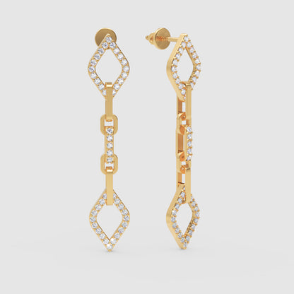 Diamond Chain Link Drop Earrings With Geometric Motif - Three