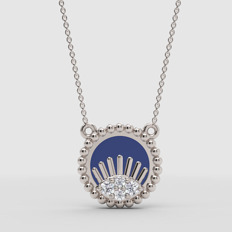 Blue Enamel Evil Eye Pendant Necklace With Diamond Accents - Three