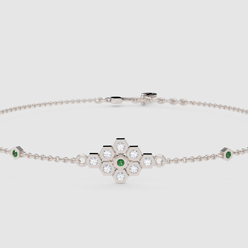 Diamond Cluster Bracelet With Green Emerald Accents - One