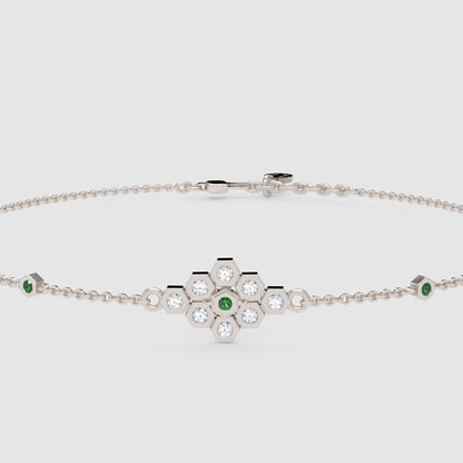 Diamond Cluster Bracelet With Green Emerald Accents - One