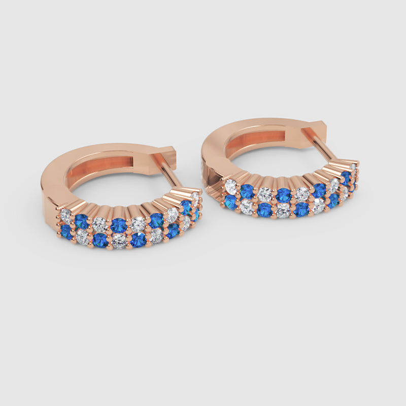 Rose Gold Blue Sapphire & Diamond Hoop Earrings – Double Row Huggie Earrings - Three