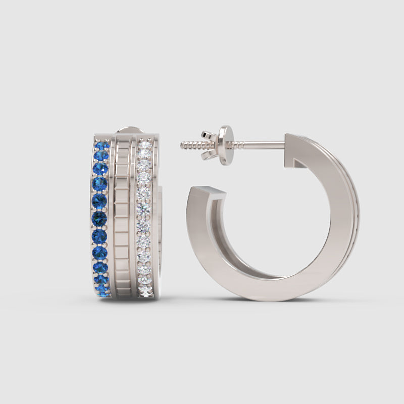 Blue Sapphire & Diamond Dual Row Hoop Earrings In White Gold – Luxury Statement Hoops | Jebij - Three