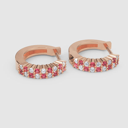 Rose Gold Ruby And Diamond Double Row Hoop Earrings - Three