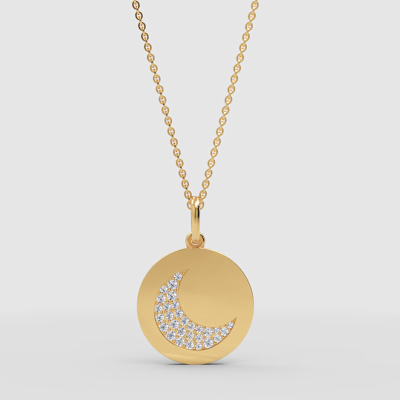 Pav Crescent Moon Disc Pendant Necklace - Two