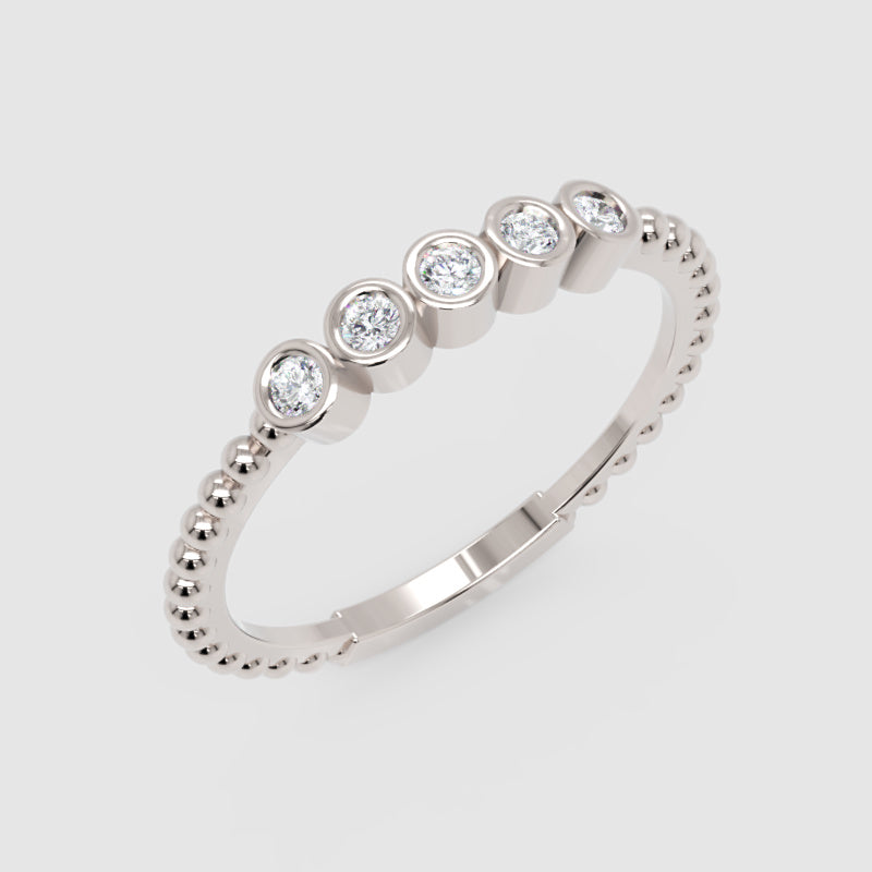 Diamond Bezel Half Band Ring in Gold – Minimal 5 Stone Stackable Ring with Beaded Shank | Jebij