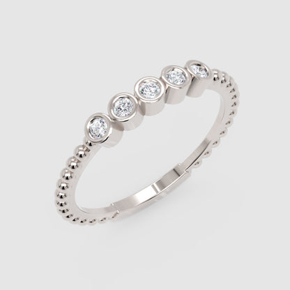 Diamond Bezel Half Band Ring in Gold – Minimal 5 Stone Stackable Ring with Beaded Shank | Jebij