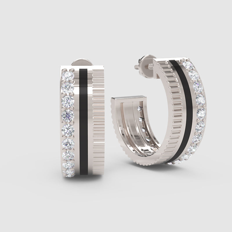 Wide Textured Hoop Earrings With Pav Crystal Accent Stripe - Three