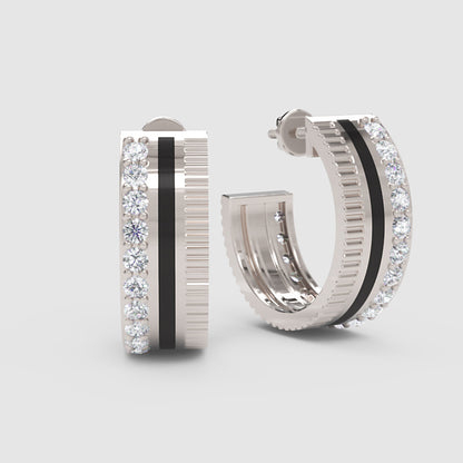 Wide Textured Hoop Earrings With Pav Crystal Accent Stripe - Three